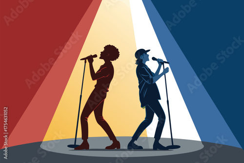 Two singers perform on stage under dramatic lighting.