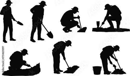 Excavation silhouette, digging work, archaeologist pose, manual labor, artifact search, field research, soil digging, exploration activity, flat vector illustration