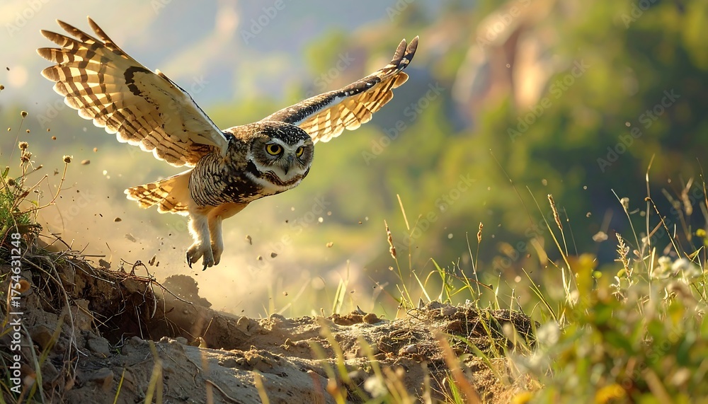 Obraz premium A stunning shot captures a large owl mid-flight, wings spread wide as it lifts off from a grassy embankment with a blurred, natural background