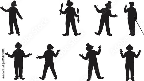 Clown silhouette, circus performer, comedy act, juggling pose, stage entertainment, funny character, carnival show, performance art, flat vector illustration