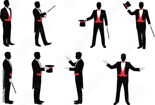 Magician silhouette, stage illusion, magic trick, performer pose, wand gesture, top hat, rabbit act, circus show, entertainment art, flat vector illustration