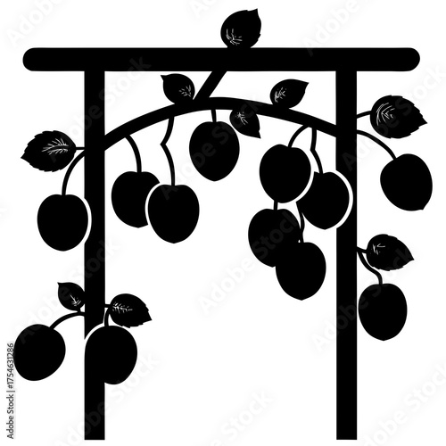 Black silhouette of a cherry tree branch with ripe cherries and leaves growing on a frame