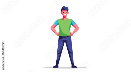 Cartoon man standing with hands on hips, wearing green shirt and blue pants.