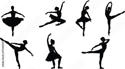Ballet silhouette, dancer pose, pirouette spin, arabesque stance, graceful movement, classical dance, tutu costume, performance art, flat vector illustration