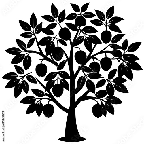 Silhouette of a lush fruit tree laden with ripe apples and abundant green leaves on a white background