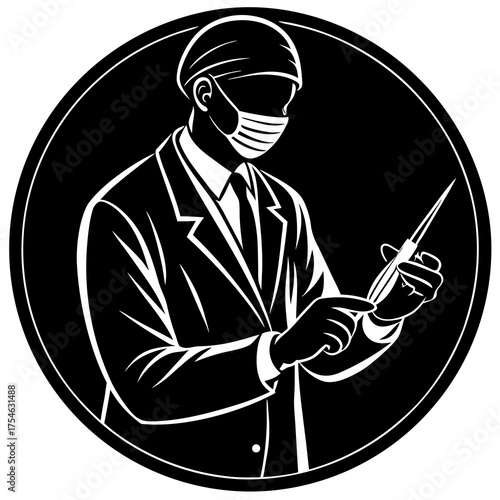 Stylized silhouette of a surgeon in surgical cap and mask holding a scalpel in a circular emblem