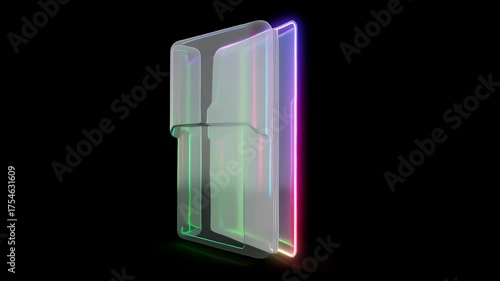 Business digital interface hologram folder glowing with neon light effect black background, futuristic and innovative atmosphere, modern technology
