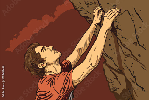 Man rock climbing on a large brown cliff face, looking up.