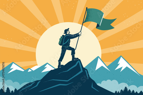 A climber plants a flag on a mountaintop at sunrise. The image is stylized.