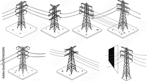 Isometric high voltage transmission towers with power lines vector illustration, electricity pylons structure design for industrial energy network and infrastructure concept