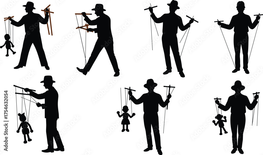 Obraz premium Puppeteer silhouette, marionette control, puppet show, stage performance, string manipulation, entertainment art, circus act, theatrical scene, flat vector illustration