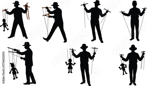 Puppeteer silhouette, marionette control, puppet show, stage performance, string manipulation, entertainment art, circus act, theatrical scene, flat vector illustration