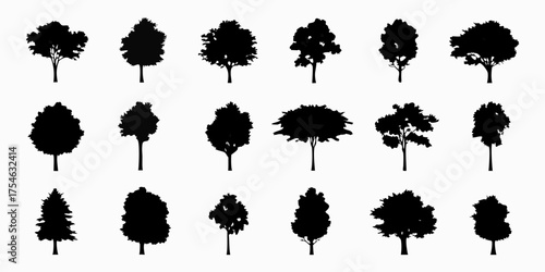 Collection of diverse tree silhouettes isolated on a white background for design and illustration purposes