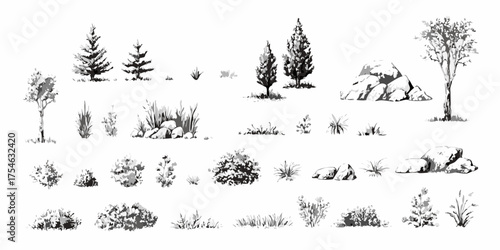 Collection of hand drawn black and white illustrations of trees bushes grass and rocks for landscape design
