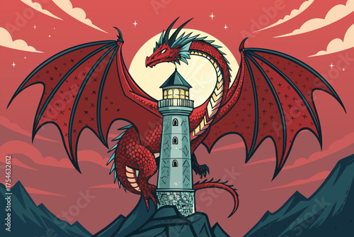 A fearsome red dragon guards a lighthouse atop a rocky cliff.
