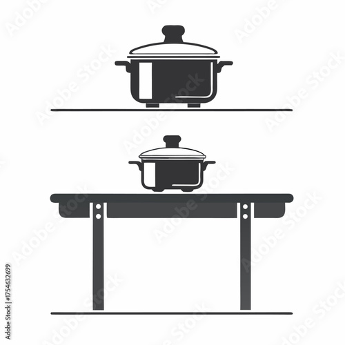 An isolated vector illustration of a stainless steel cooking pot with a lid and spoon is a kitchen utensil cookware set for preparing food
