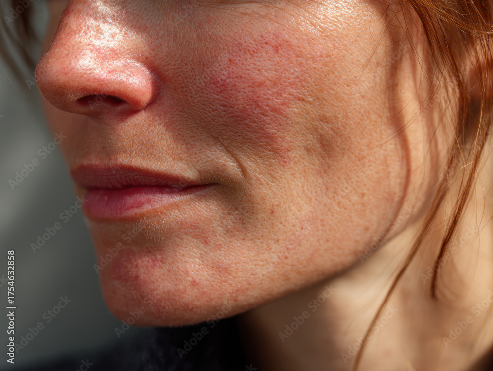 Fototapeta premium Close up of woman face with reddish, itchy, and sagging skin, showing texture and detail
