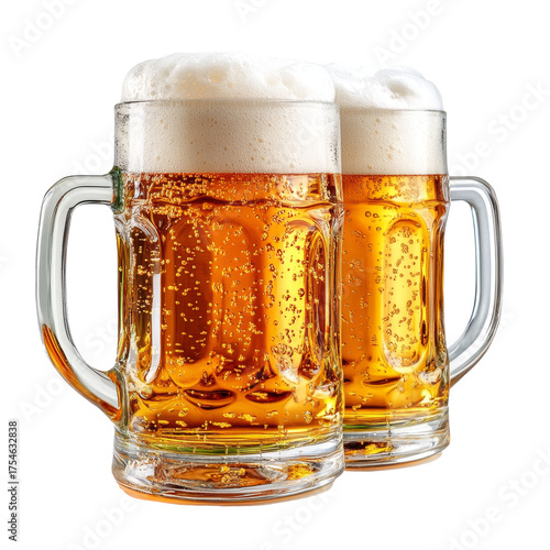 Two beer mugs filled with foam, isolate on transparent white background