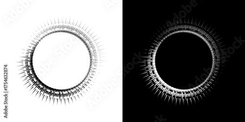 Dynamic abstract spiral sound wave rhythm lines. Circular spiral sound wave rhythm of lines. Circular futuristic abstract lines, black and white background.	