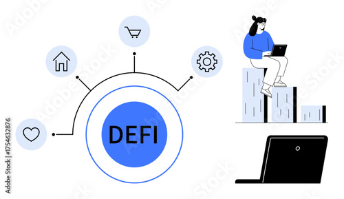 Decentralized finance circle with icons for shopping, home, heart, settings user with laptop on bar graphs. Ideal for finance, technology, decentralization, blockchain, innovation progress fintech