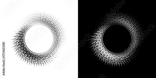Dynamic abstract spiral sound wave rhythm lines. Circular spiral sound wave rhythm of lines. Circular futuristic abstract lines, black and white background.	