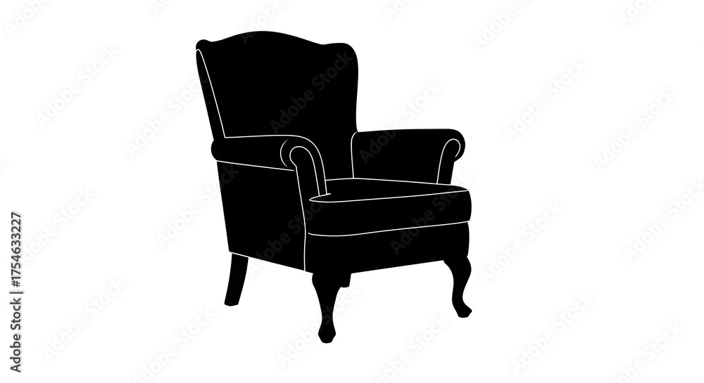 Fototapeta premium Black silhouette of a classic armchair with curved legs and a high back, set against a white background