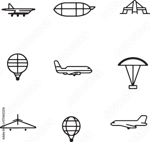 Aircraft and Airship Line Icons Vector Set