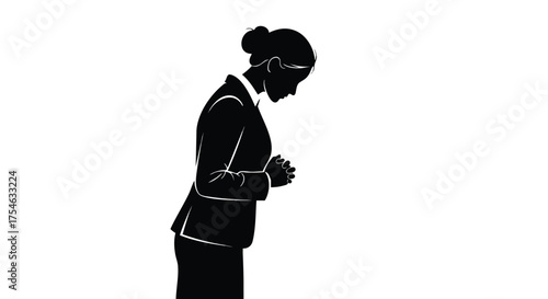 Silhouette of a businesswoman bowing deeply in a formal suit, conveying respect or apology.