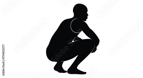 Silhouette of a man in a tank top squatting down on a white background.