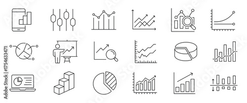 Graph and charts web line icon set. Set of 18 outline icons related to graph, charts, candlesticks, bar charts, pie charts and others. Editable stroke. Vector illustration. 