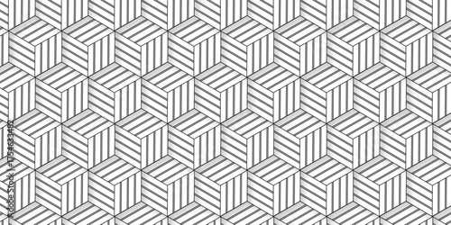 3d modeling cubes Illustration decoration seamless white line material pattern square design. Seamless line wave pattern geometric fabric vintage textile illustration.		