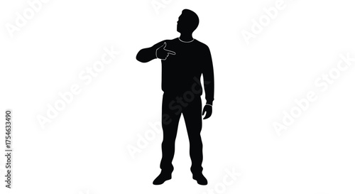 Silhouette of a man pointing his finger towards the viewer, looking up.