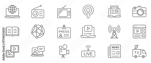 Media and news web line icons collection. Contain icons related to mass media, social networks, public media, journalism, communication, networking, and more. Vector illustration.