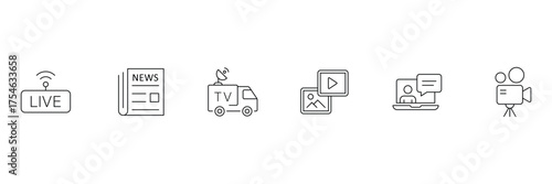 Media and news web line icons. Contain icon related to mass media, social networks, public media, journalism, communication, networking, and more. Vector illustration.