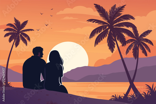 Couple watching a beautiful sunset over the ocean with palm trees.