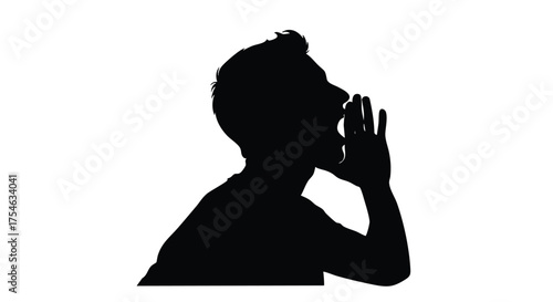 Silhouette of a person with their mouth open and hand raised, possibly shouting.