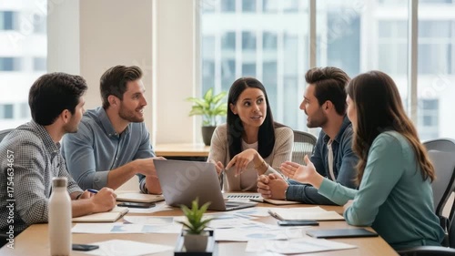 A diverse group of young professionals collaborates around a table, discussing ideas and working on a laptop