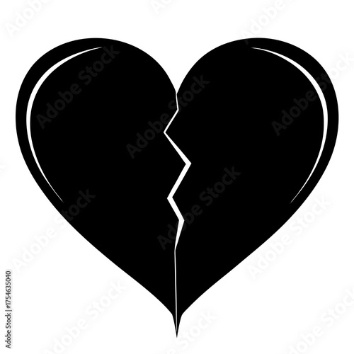 Simple black silhouette of a broken heart symbol with a jagged crack down the middle