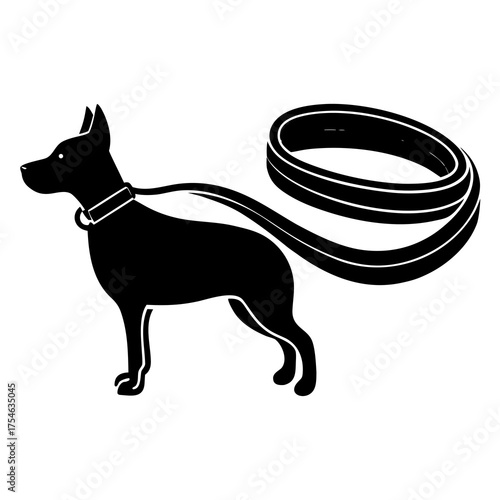 Black silhouette of a dog wearing a collar and leash ready for a walk