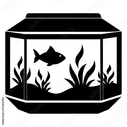 Black and white silhouette of a single fish swimming in a clean aquarium with aquatic plants