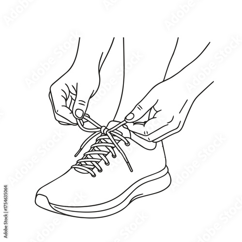 simple line art vector illustration of a person tying the laces of a running shoe and focus is on the hands and the shoe
