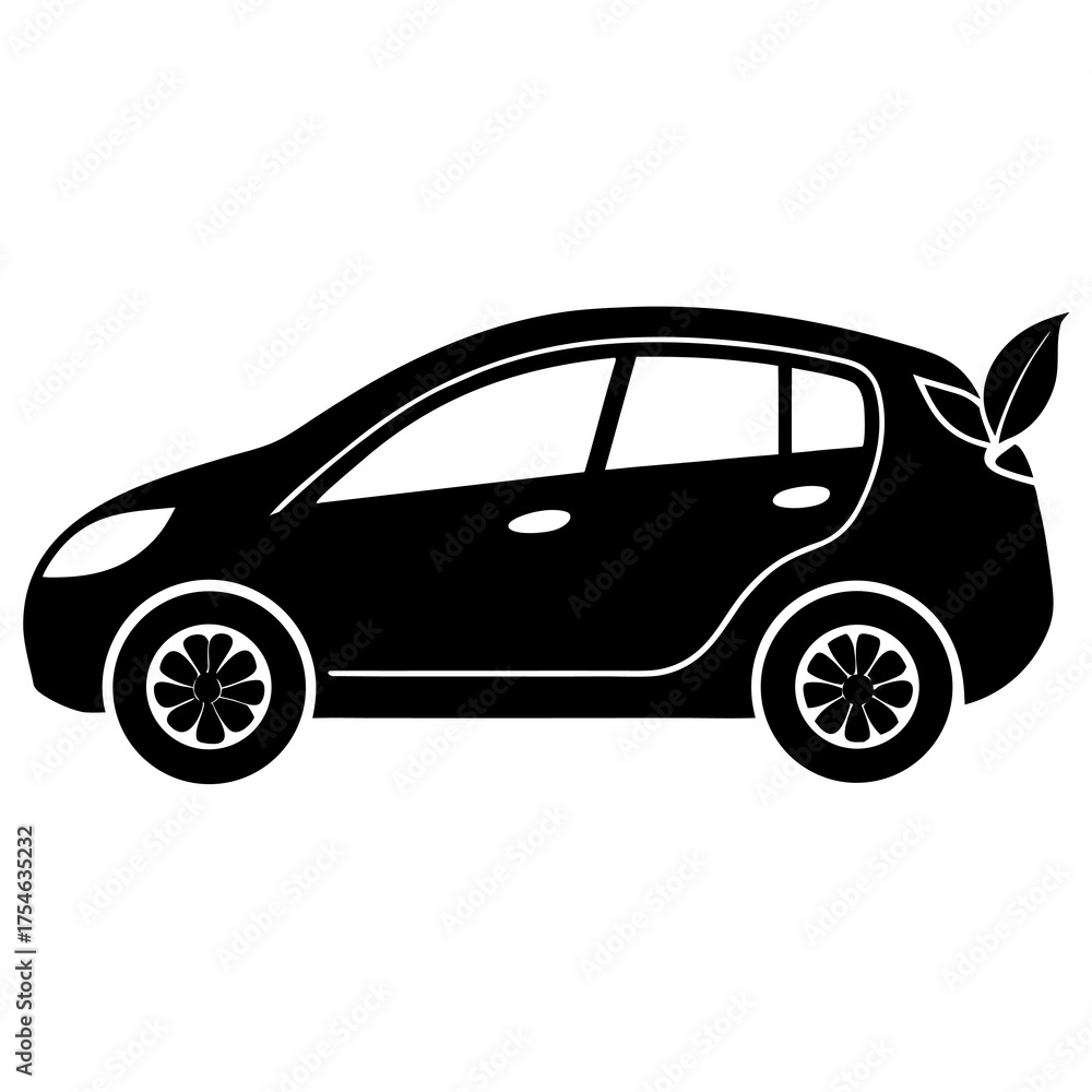 Fototapeta premium Black silhouette of a modern hatchback car with green leaves on the back symbolizing eco friendly transportation and sustainability