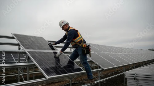 Wallpaper Mural A worker in a hard hat and safety vest installs solar panels on a large array under an overcast sky Torontodigital.ca
