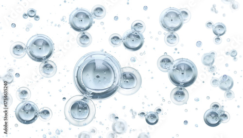 Water molecules on transparent background. Two hydrogen atoms bonded to single oxygen atom. Water H2O molecular structure. Biotechnology, chemistry, physics, biology educational scientific 3D model 