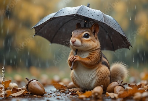 Cute chipmunk holding an umbrella with acorns around, detailed fur, soft rain, realistic autumn park setting.