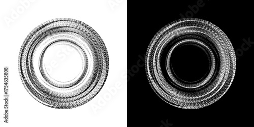 Dynamic abstract spiral sound wave rhythm lines. Circular spiral sound wave rhythm of lines. Circular futuristic abstract lines, black and white background.	