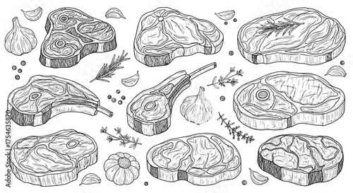Variety of Detailed Steak Cuts with Herbs and Spices, Illustrated in Black and White