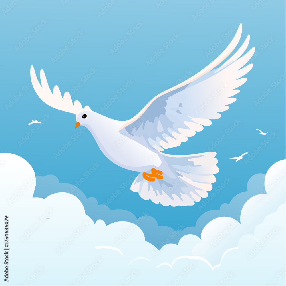Obraz premium A dove flying gracefully across a clear blue sky with soft, glowing clouds in the backdrop.