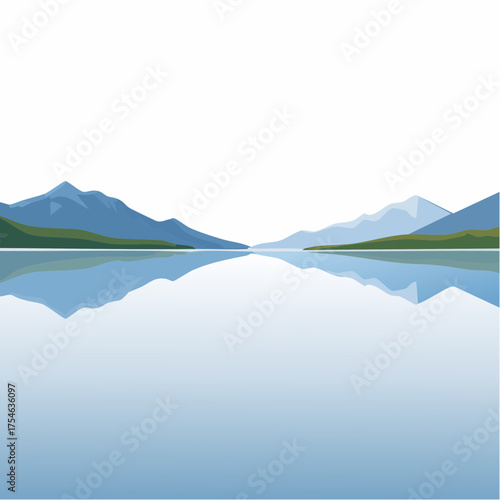 A quiet, perfectly smooth body of water reflects an unbroken, symmetrical line of distant mountains.