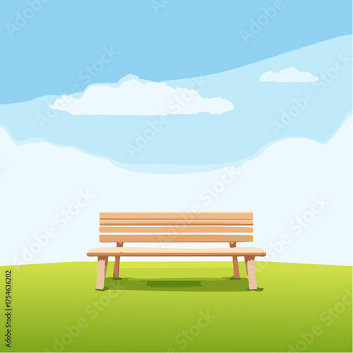 A small, wooden bench sits empty on a perfectly manicured green lawn facing a calm, endless blue sky.